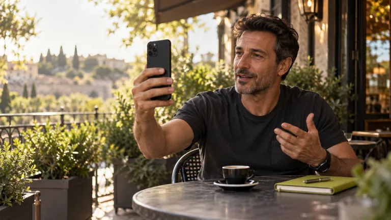 Illustrative scene of phone recording at a cafe table