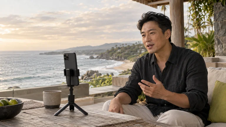 Illustrative scene of phone recording by the sea
