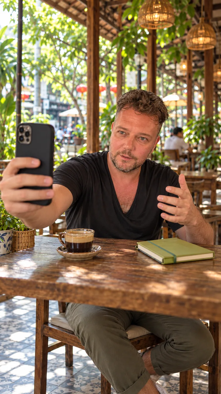 Rain Resmeldt filming a video with a phone at an outdoor table