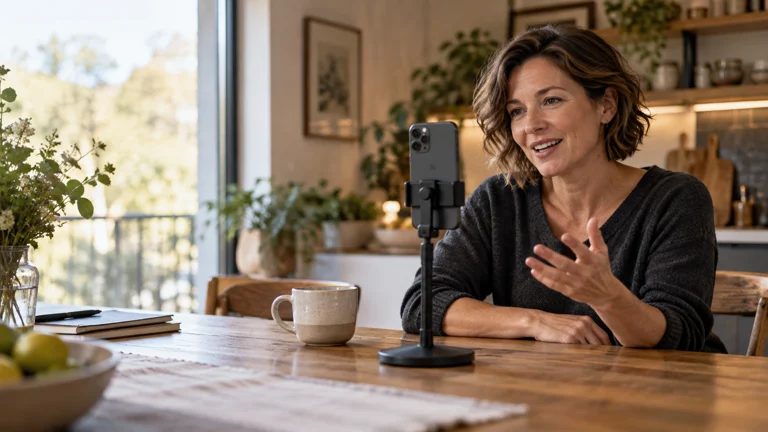 Illustrative scene of a person recording with a phone at home