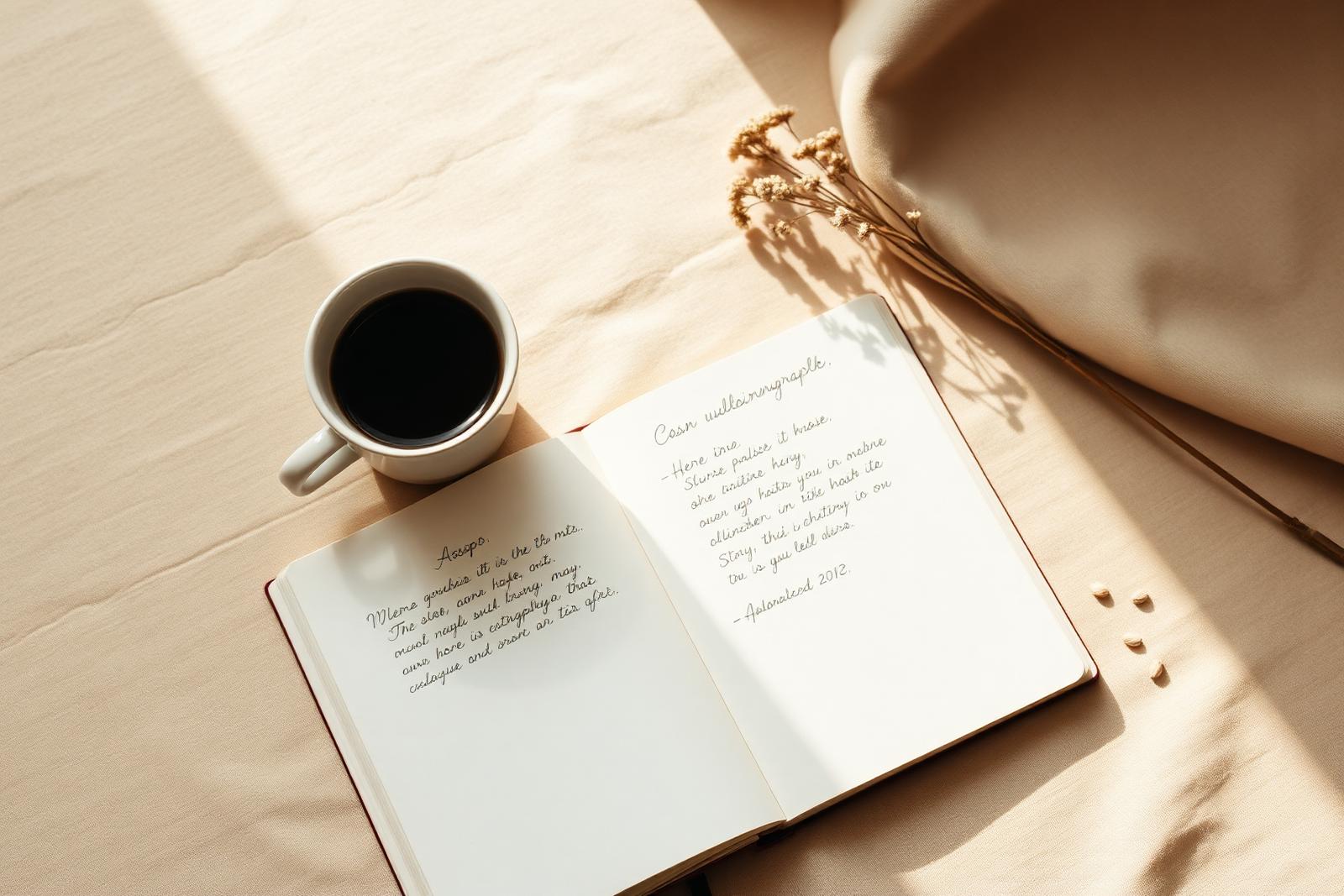 An open notebook, coffee and dried flowers in warm morning light