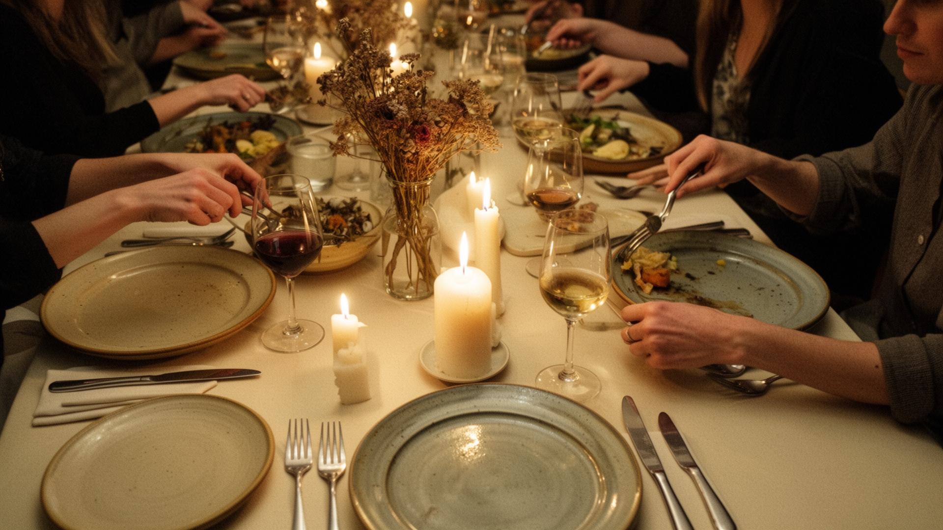 A long candlelit dinner table