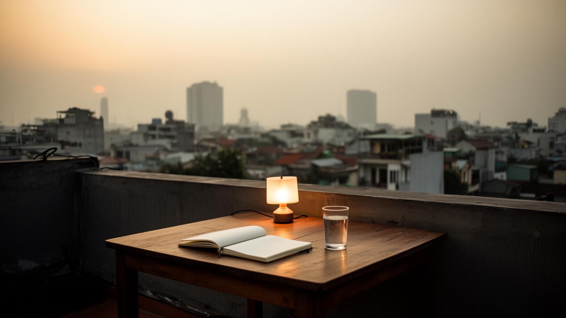 A rooftop in Saigon at dusk